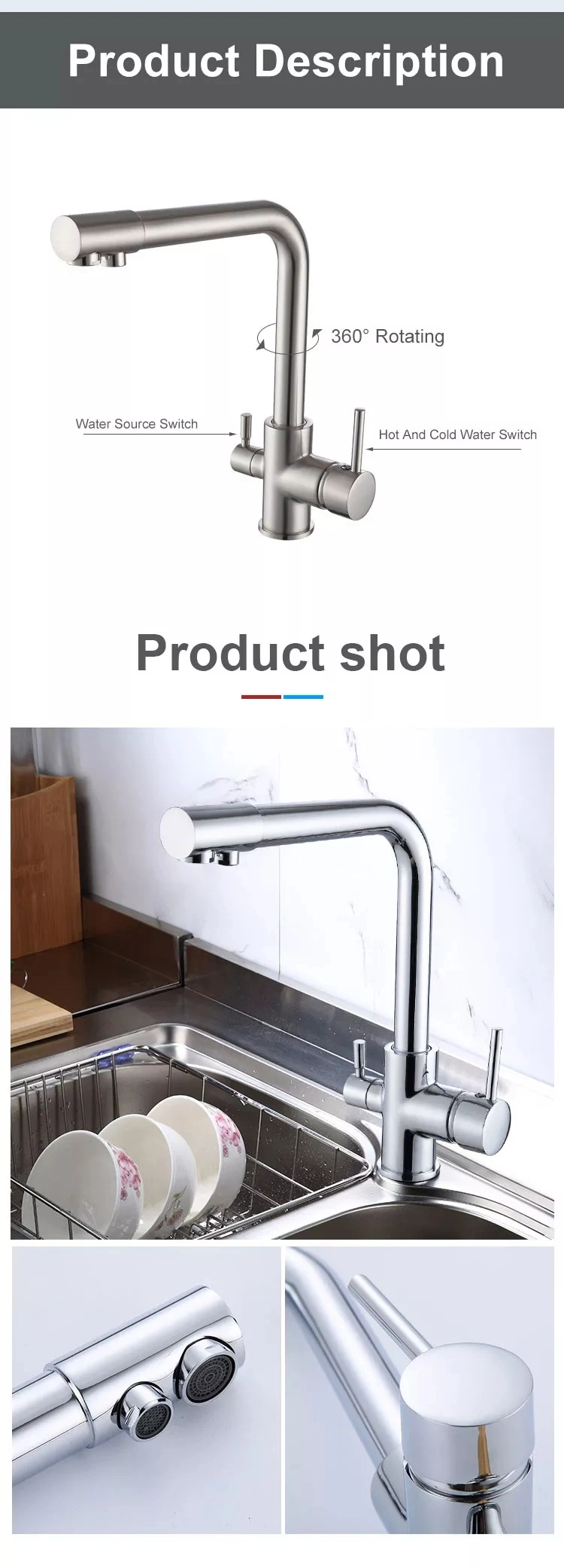 360 Degree Rotation Brass Drinking Filtered Water Kitchen Faucet Bend&Double Right Angle Faucet for Kitchen Sink Water